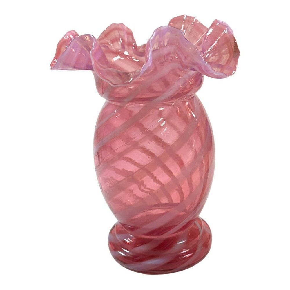 Vintage Fenton Pink Opalescent Swirled Art Glass Vase w/ Ruffled Edge 8" Floral